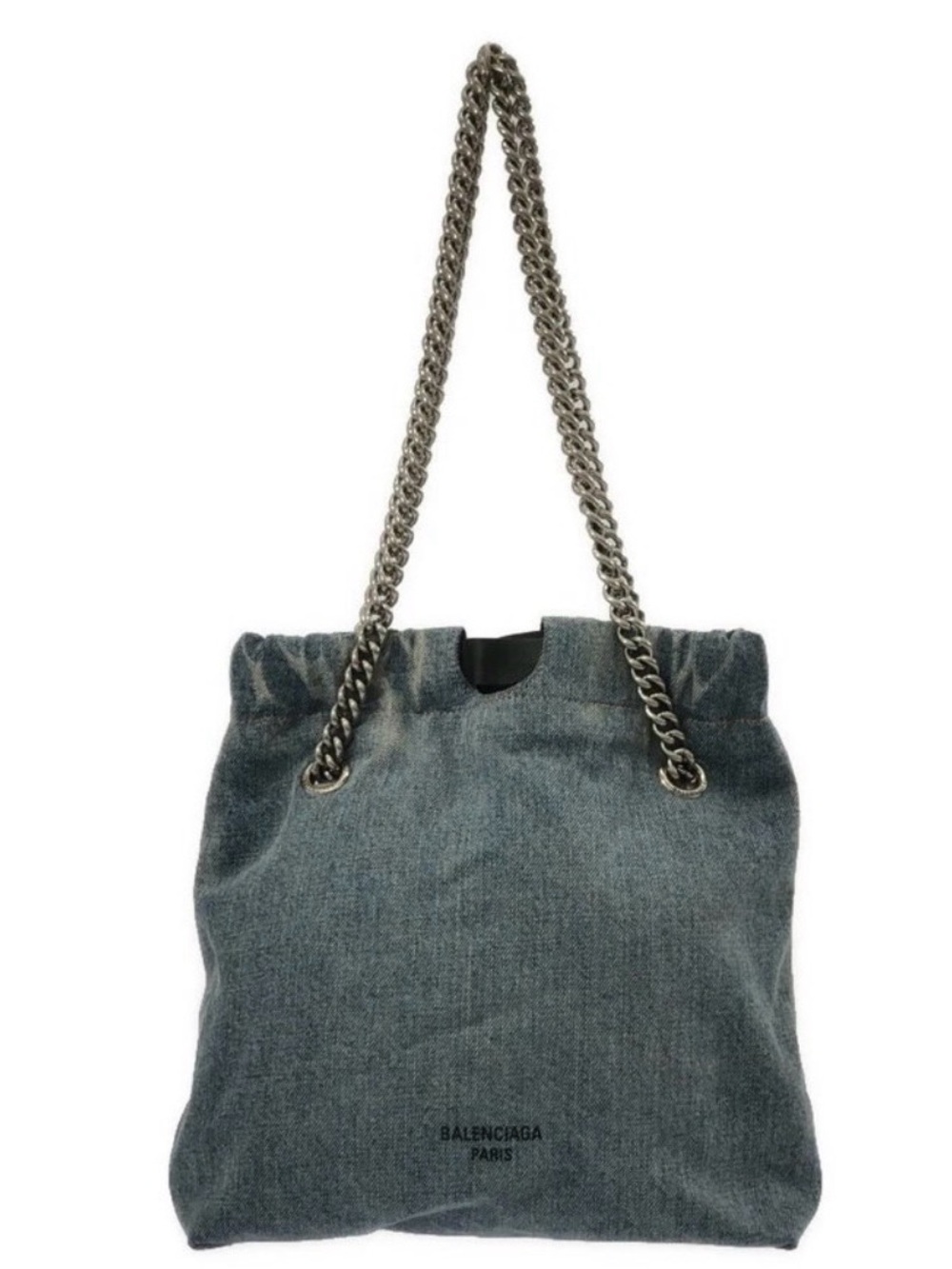 Balenciaga Denim Small Crush Bucket Bag with Silver Chain Strap